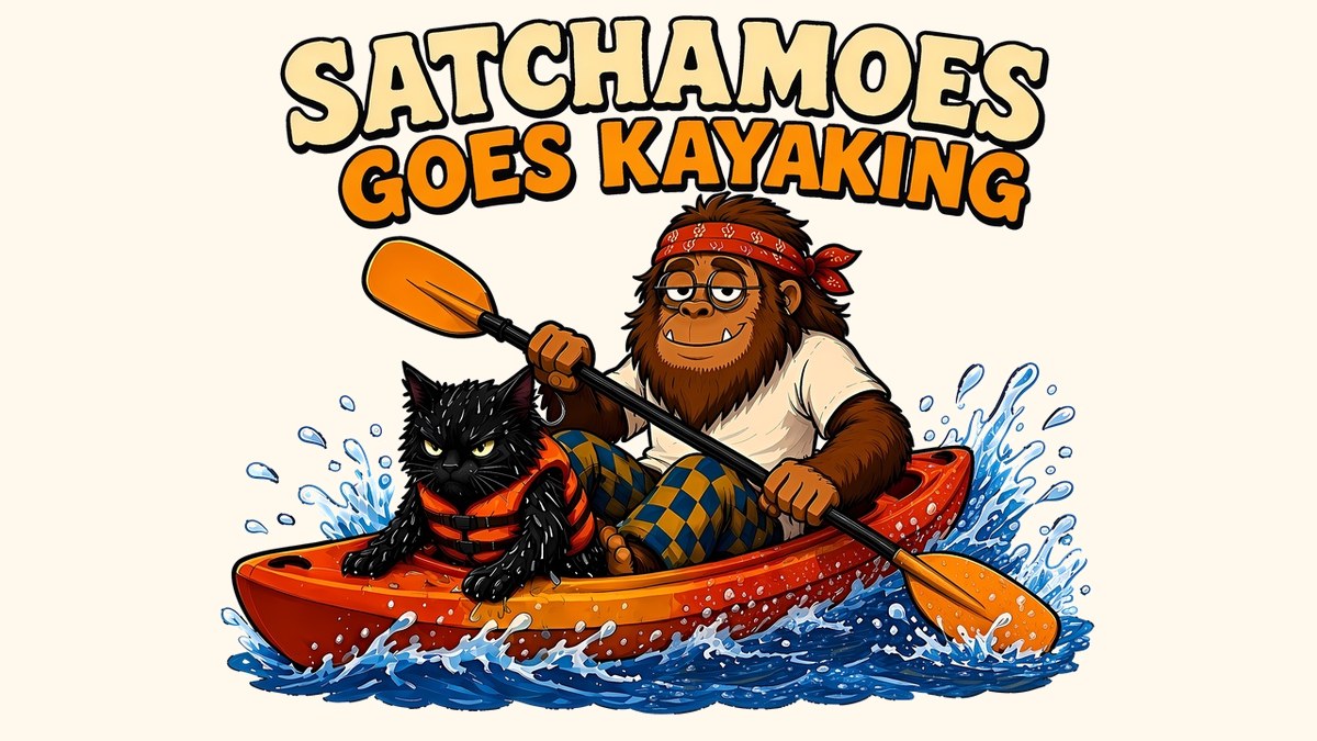 Sasquatch paddling an orange kayak through whitewater with a soaked, grumpy black cat in a life vest