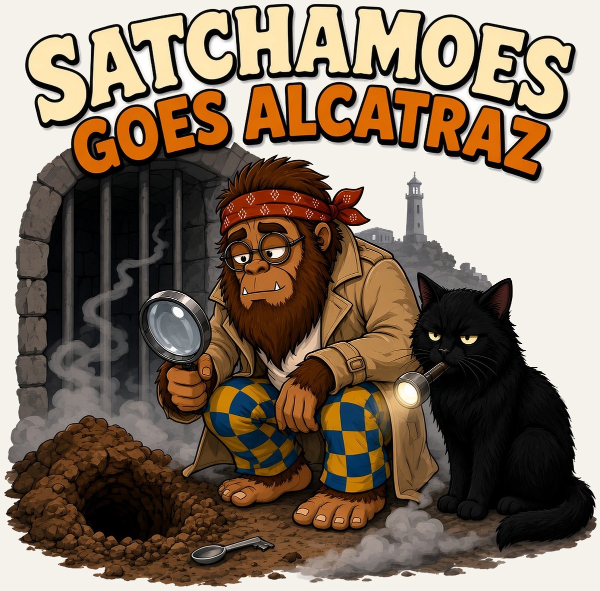 Cartoon Sasquatch Satchamoes in a trench coat studying a prison tunnel with a magnifying glass while his black cat looks unimpressed, Alcatraz lighthouse behind them