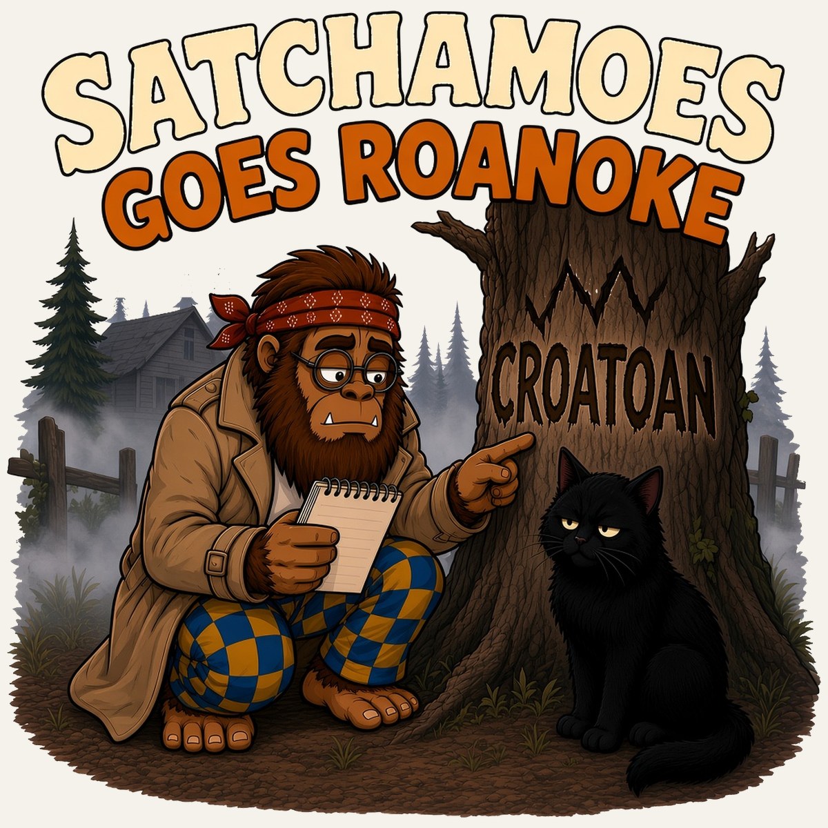 Cartoon Sasquatch Satchamoes in a trench coat pointing at a CROATOAN carving on a tree while his black cat sits unimpressed in foggy woods by an empty fort