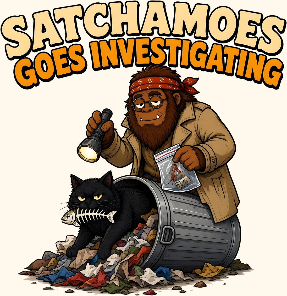 Cartoon Sasquatch Satchamoes in a trench coat inspecting a spilled cookie jar with a magnifying glass while his black cat sits with a cookie in its mouth
